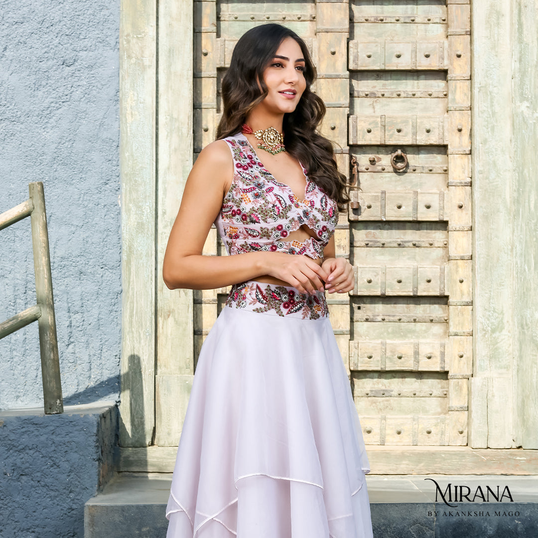 Adira - Embroidered Lavender Cape Skirt Set
