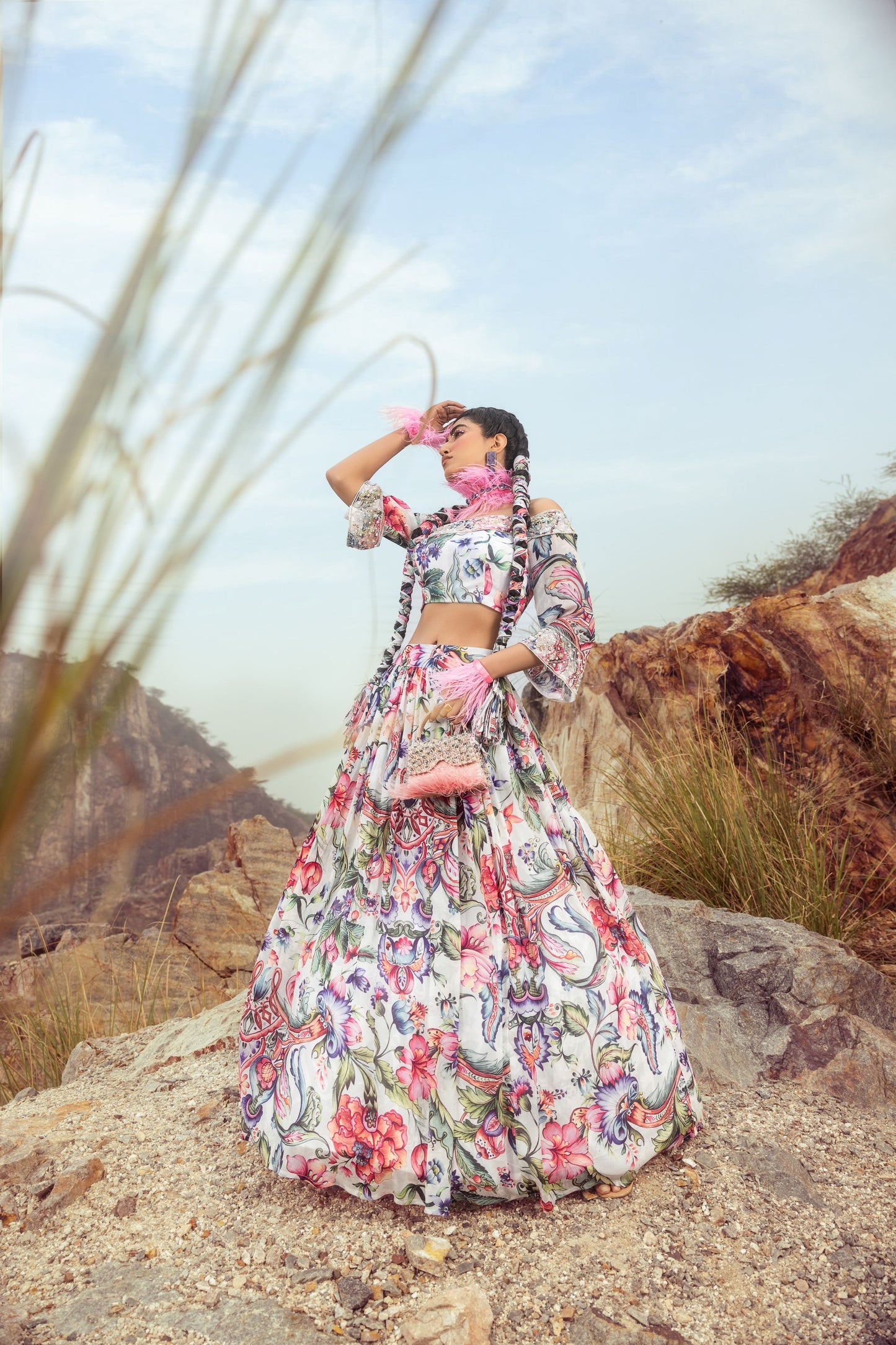 Off Shoulder With Printed Top And Flared Skirt
