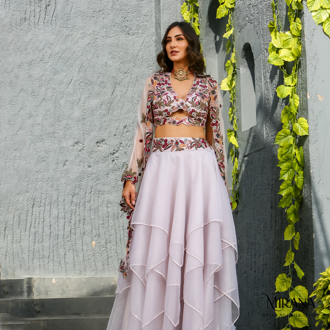 Adira - Embroidered Lavender Cape Skirt Set