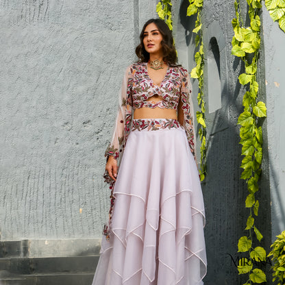 Adira - Embroidered Lavender Cape Skirt Set