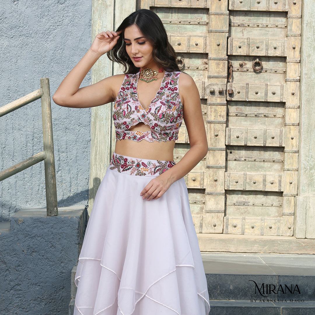 Adira - Embroidered Lavender Cape Skirt Set