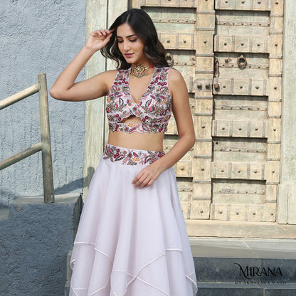 Adira - Embroidered Lavender Cape Skirt Set