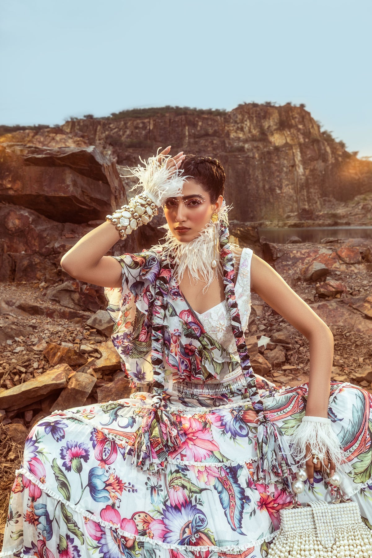 Printed Layered Skirt With Embroidered Blouse Set