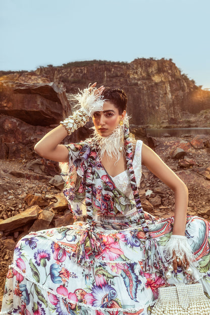 Printed Layered Skirt With Embroidered Blouse Set