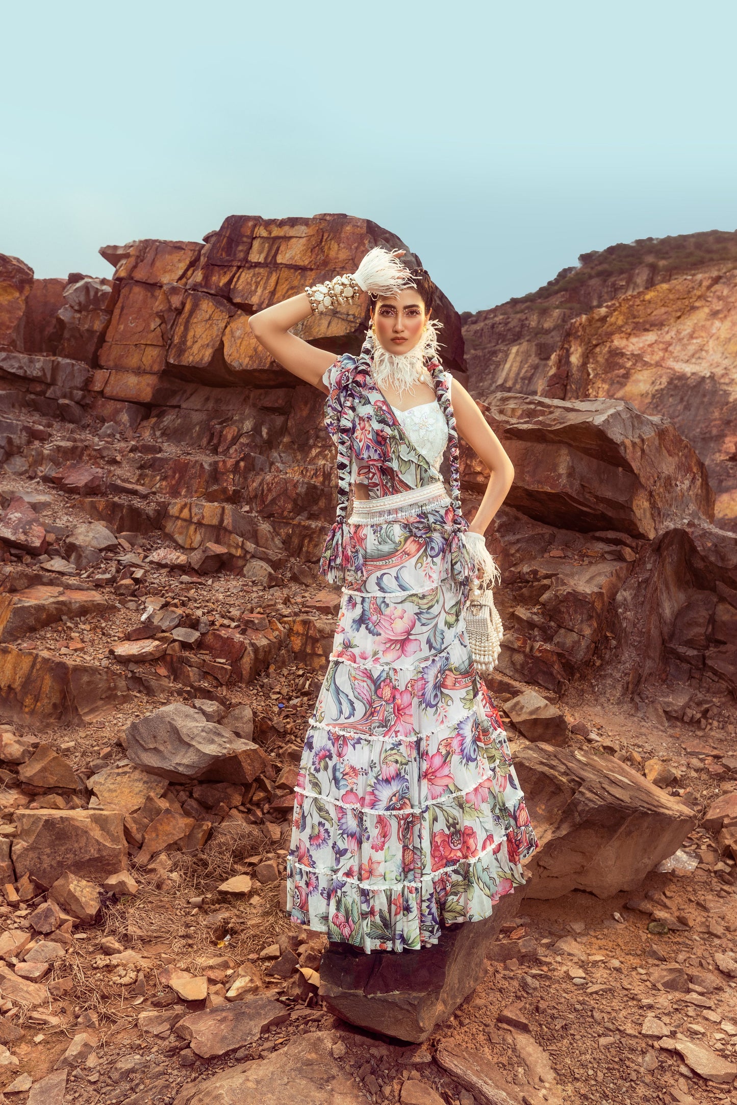 Printed Layered Skirt With Embroidered Blouse Set