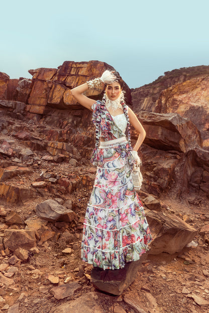 Printed Layered Skirt With Embroidered Blouse Set