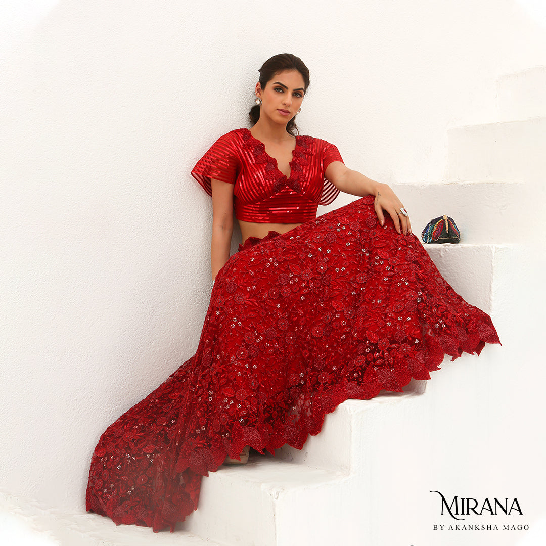 Bela - Scarlet Red Crop Top Lehenga Set