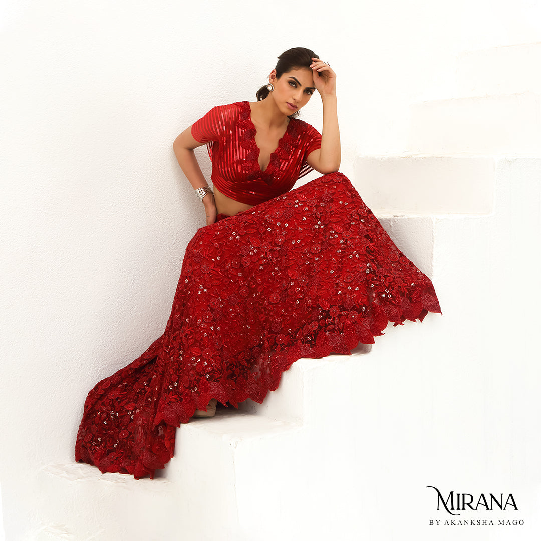 Bela - Scarlet Red Crop Top Lehenga Set