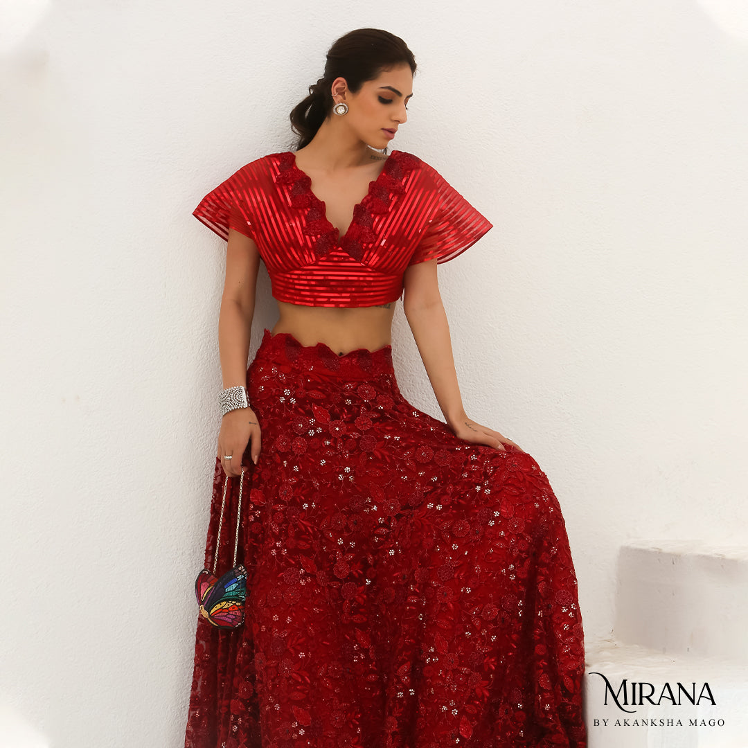 Bela - Scarlet Red Crop Top Lehenga Set