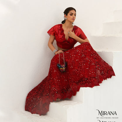 Bela - Scarlet Red Crop Top Lehenga Set