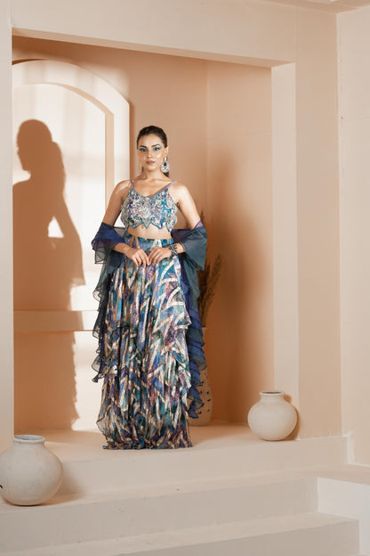 Morni: Signature Layered Skirt With Blouse & Ruffle Dupatta