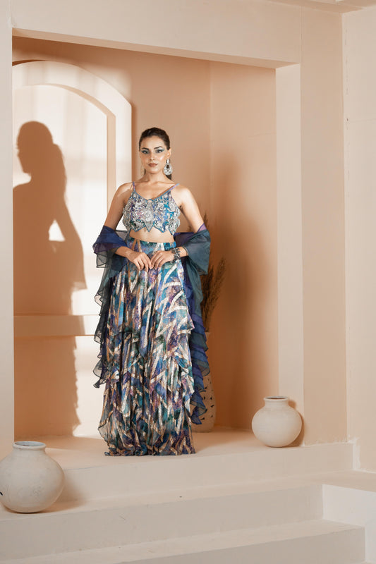 Morni: Signature Layered Skirt With Blouse & Ruffle Dupatta