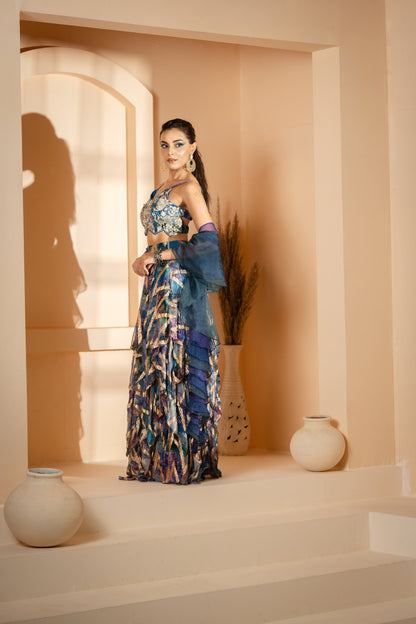 Morni: Signature Layered Skirt With Blouse & Ruffle Dupatta