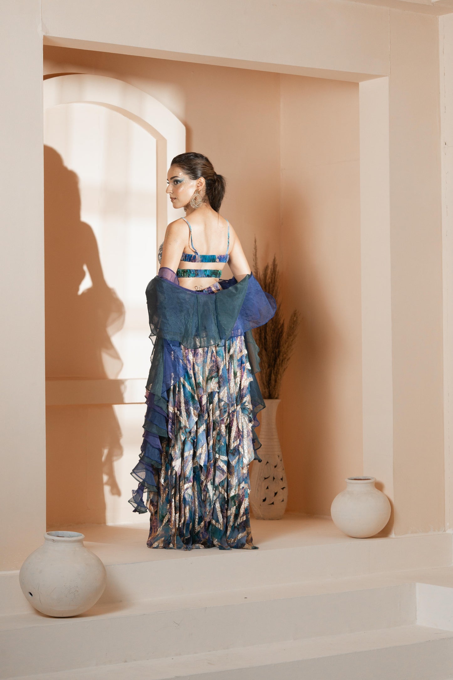 Morni: Signature Layered Skirt With Blouse & Ruffle Dupatta