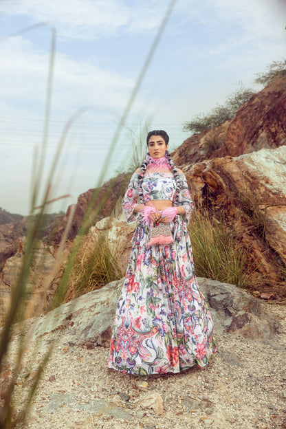 Off Shoulder With Printed Top And Flared Skirt