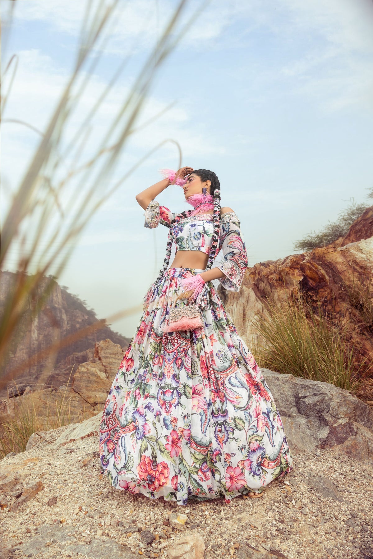 Off Shoulder With Printed Top And Flared Skirt