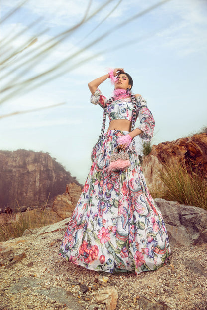 Off Shoulder With Printed Top And Flared Skirt