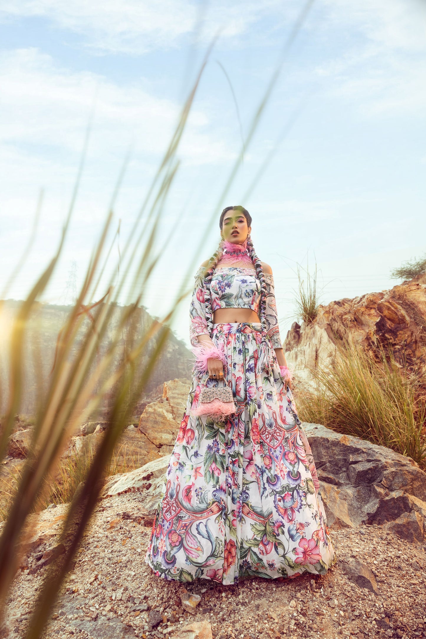 Off Shoulder With Printed Top And Flared Skirt