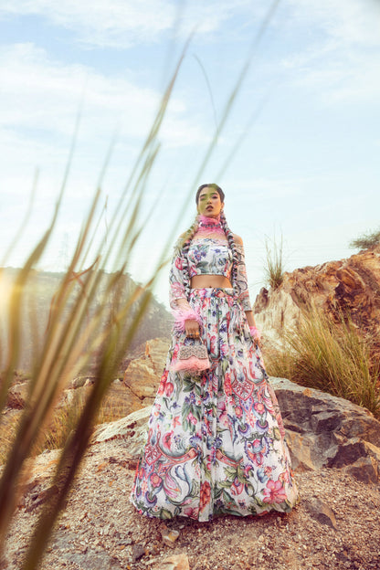 Off Shoulder With Printed Top And Flared Skirt