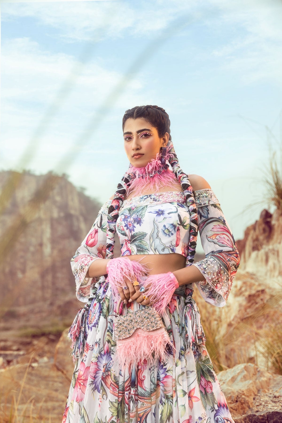 Off Shoulder With Printed Top And Flared Skirt