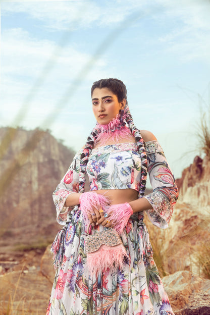 Off Shoulder With Printed Top And Flared Skirt