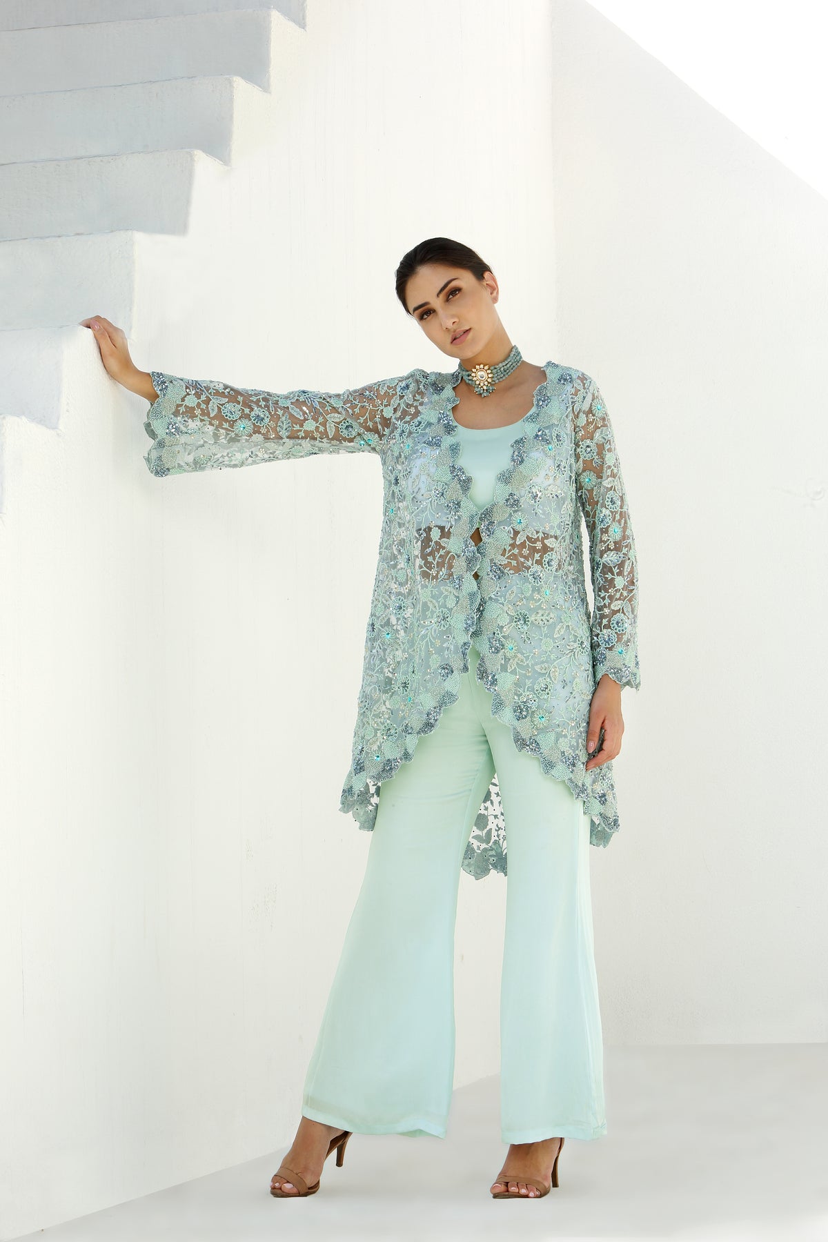 Ether - Long Cape Jacket With Pant Set
