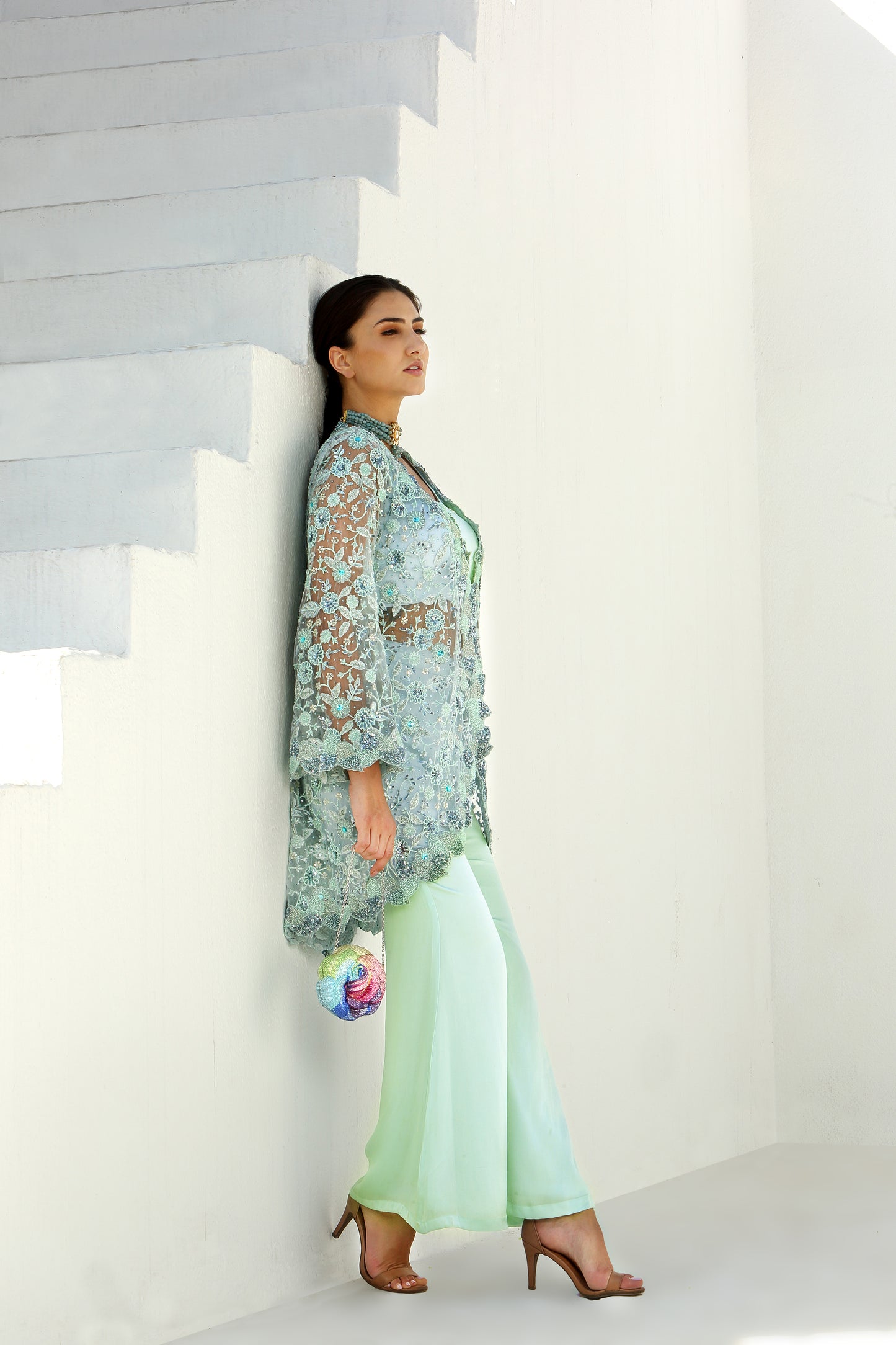 Ether - Long Cape Jacket With Pant Set