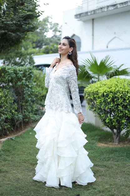 Alia White - Off Shoulder Peplum Top And Ruffle Skirt Set